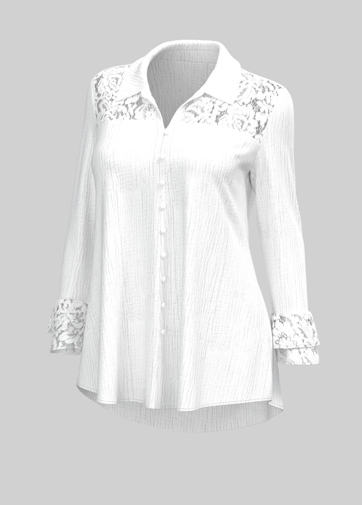 White plus size,Plain Color plus size,ROTITA Plus Size Lace Stitching Turndown Collar White Blouse
