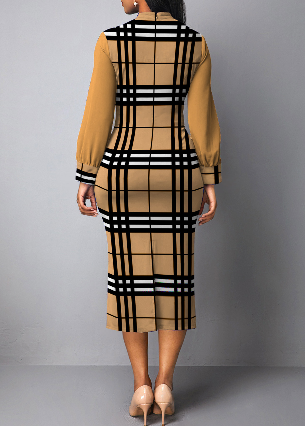Light Camel dresses,Plaid dresses,Striped dresses,Geometric dresses,ROTITA Patchwork Plaid Light Camel Stand Collar Bodycon Dress