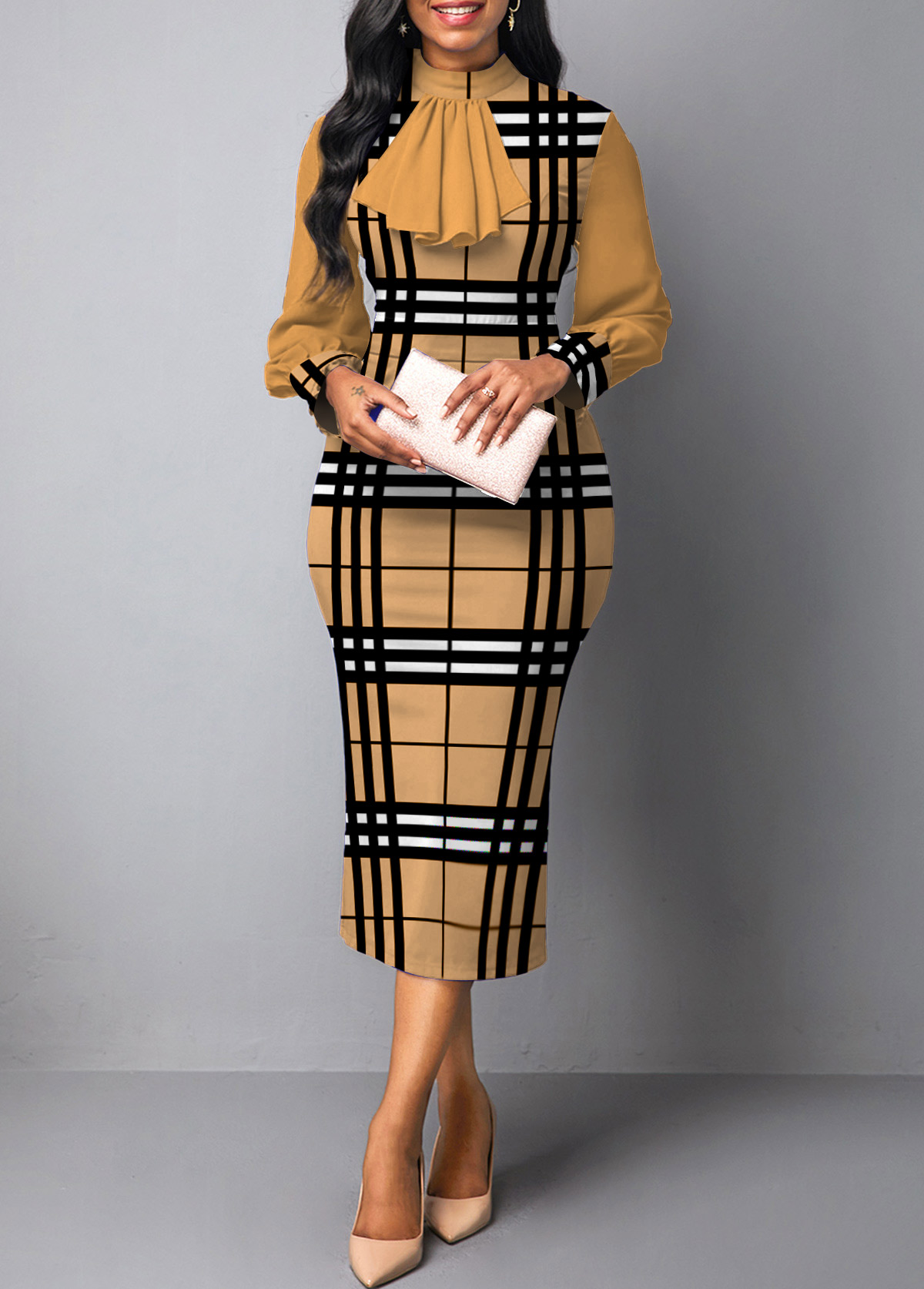 Light Camel dresses,Plaid dresses,Striped dresses,Geometric dresses,ROTITA Patchwork Plaid Light Camel Stand Collar Bodycon Dress