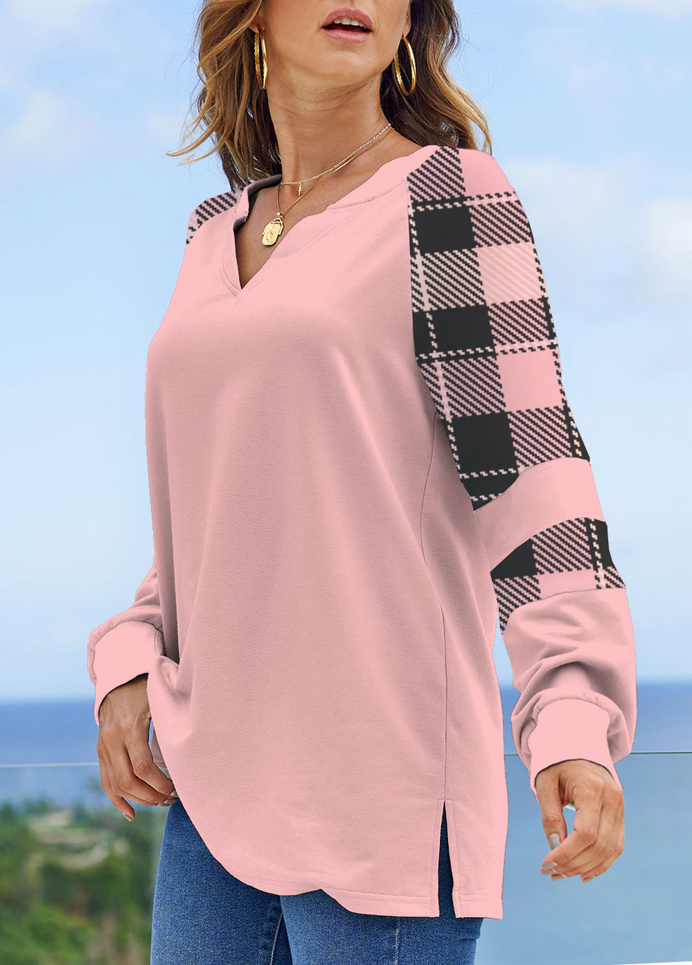 Light Pink plus size,Plaid plus size,Striped plus size,Geometric plus size,ROTITA Plus Size Split Light Pink Plaid Sweatshirt