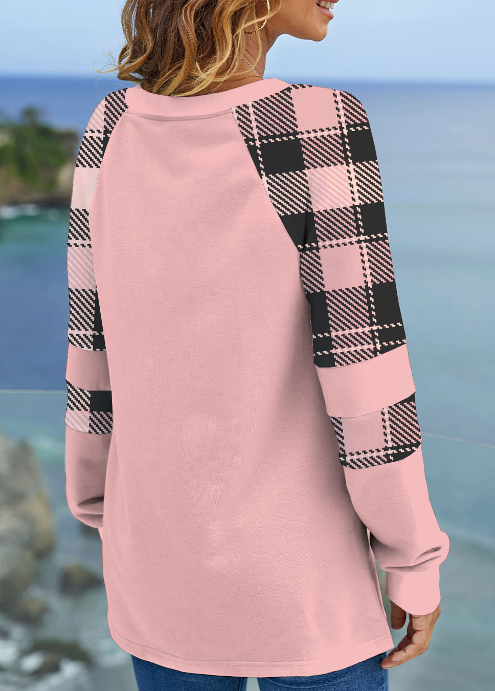 Light Pink plus size,Plaid plus size,Striped plus size,Geometric plus size,ROTITA Plus Size Split Light Pink Plaid Sweatshirt