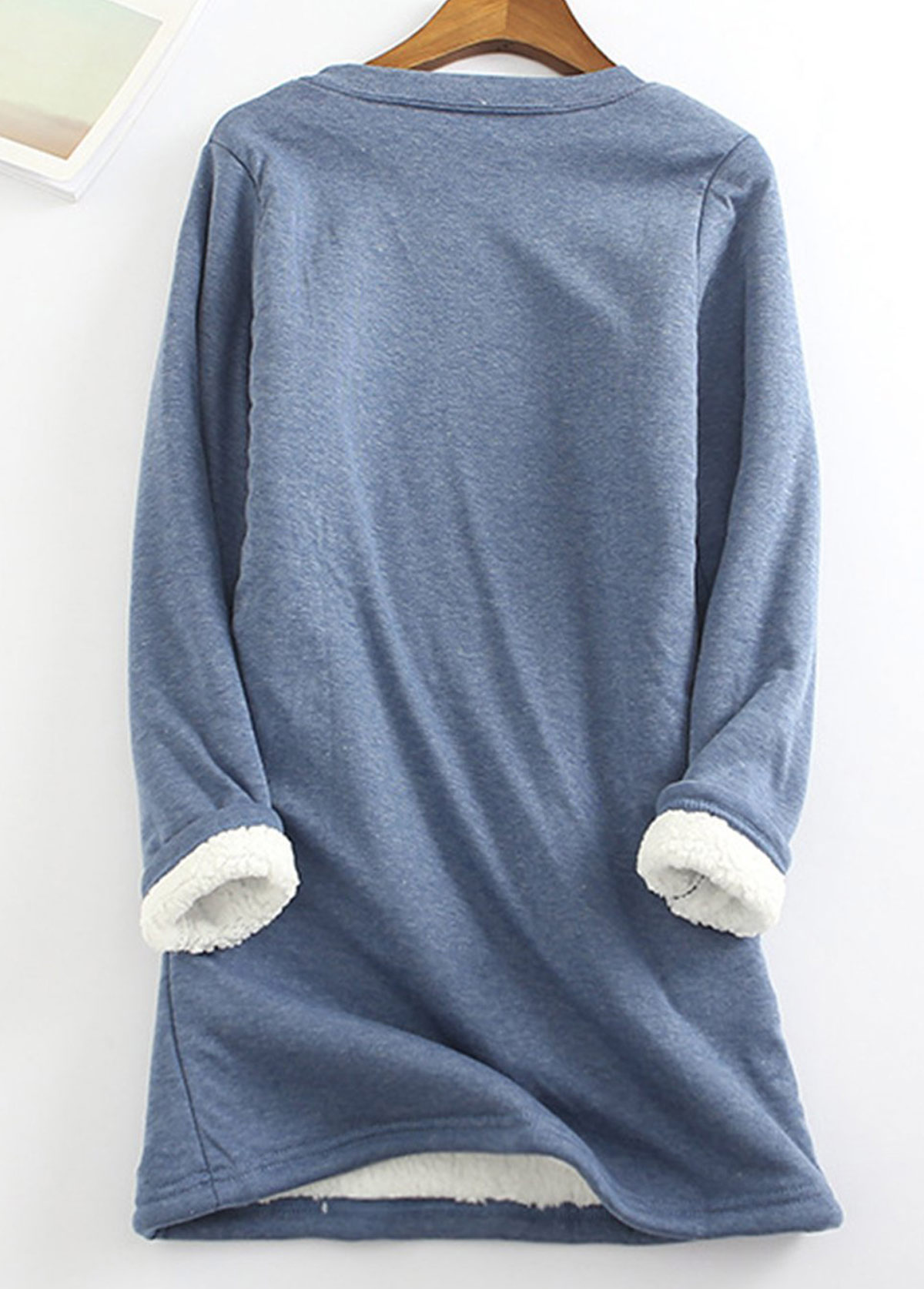 Dusty Blue tops,Contrast Color tops,Plush Dusty Blue Round Neck T Shirt