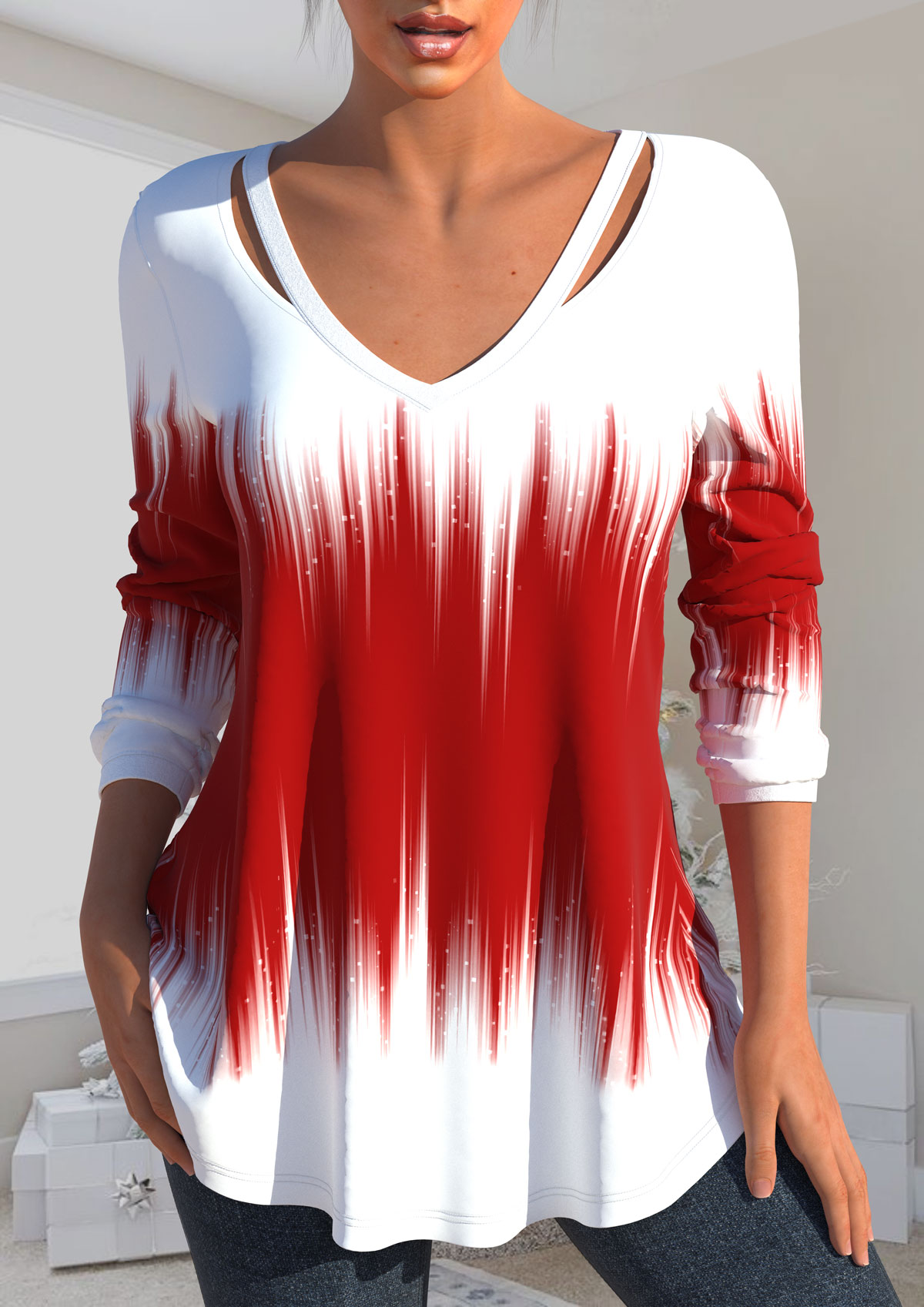 ROTITA Cut Out Ombre Red V Neck T Shirt