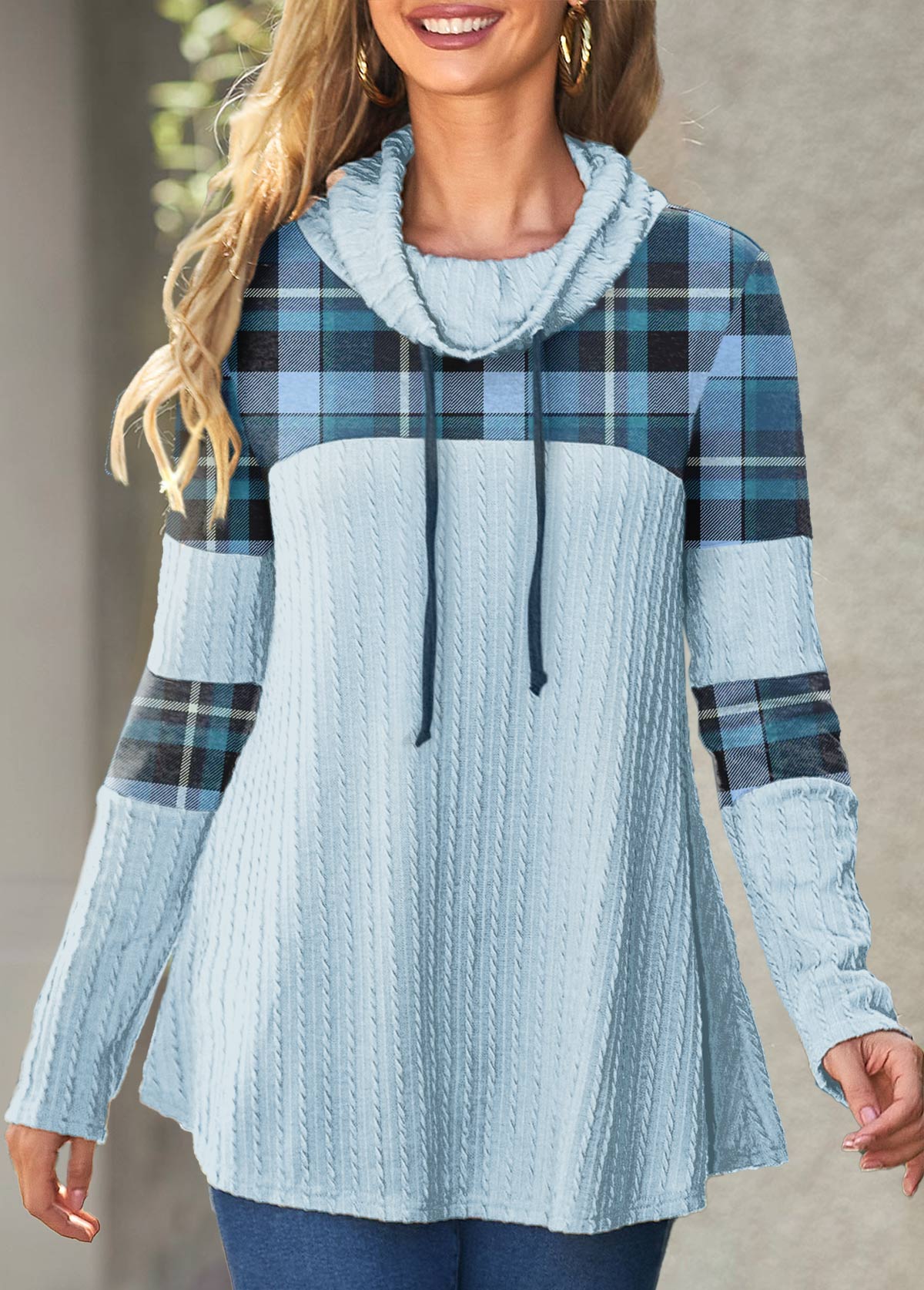 Light Blue tops,Striped tops,Geometric tops,ROTITA Patchwork Plaid Light Blue Cowl Neck Sweatshirt