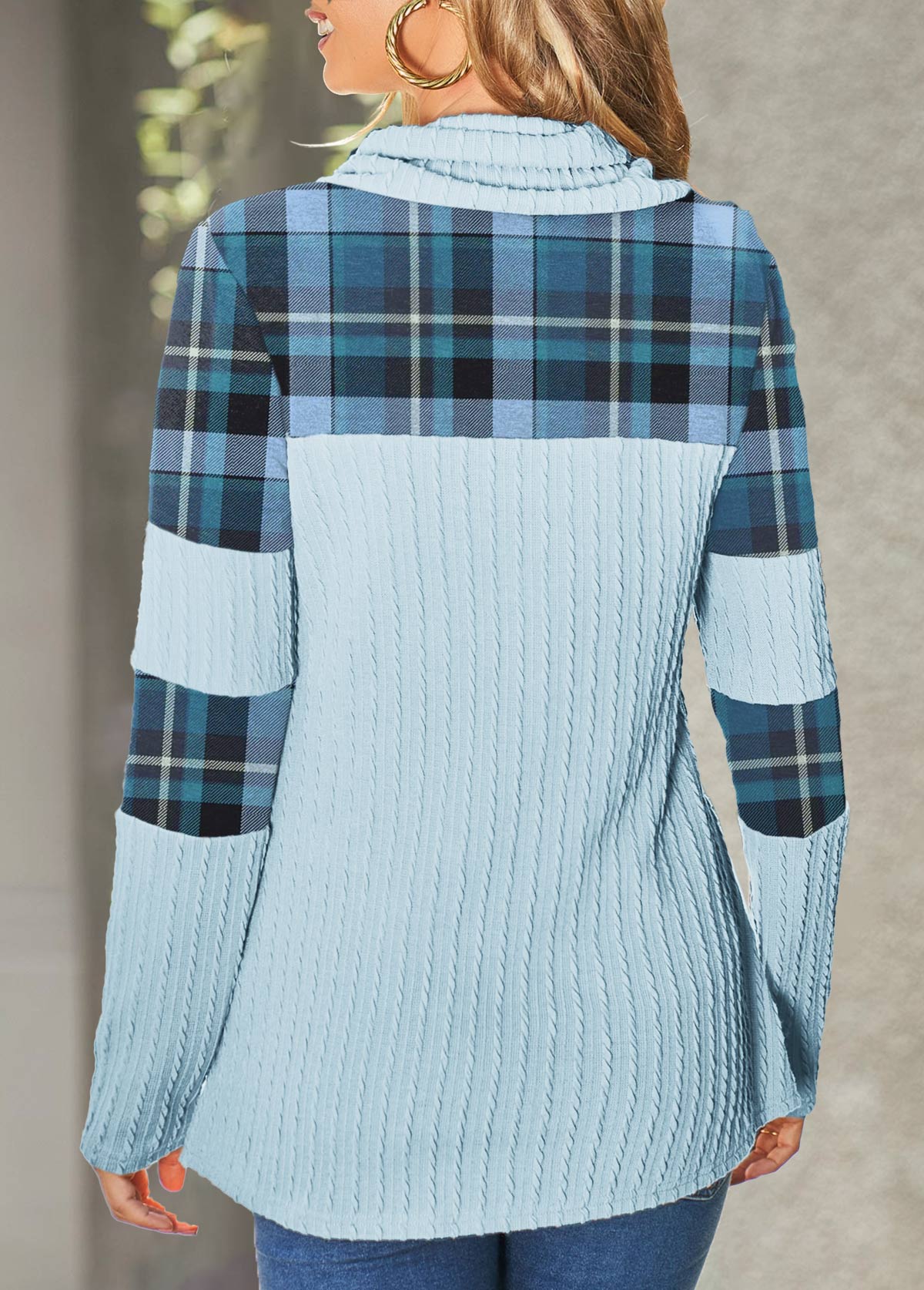 Light Blue tops,Striped tops,Geometric tops,ROTITA Patchwork Plaid Light Blue Cowl Neck Sweatshirt