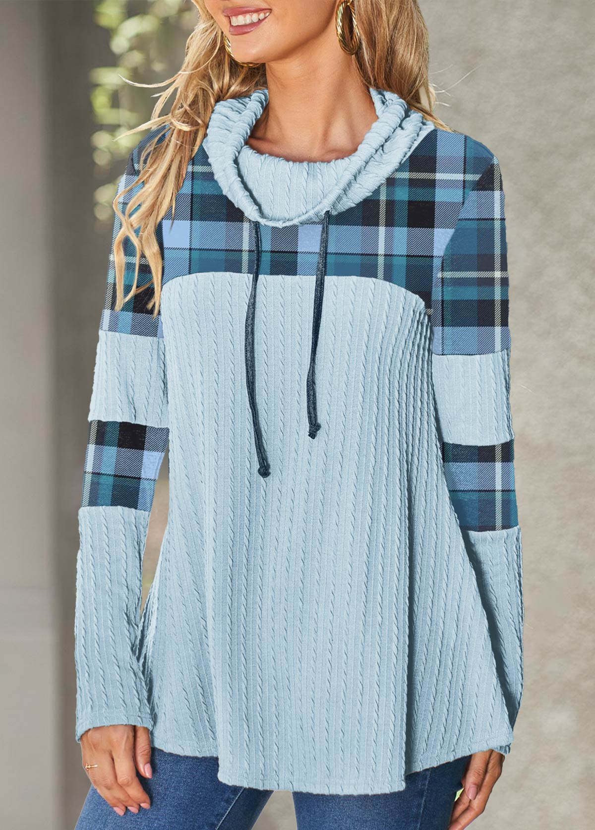 Light Blue tops,Striped tops,Geometric tops,ROTITA Patchwork Plaid Light Blue Cowl Neck Sweatshirt