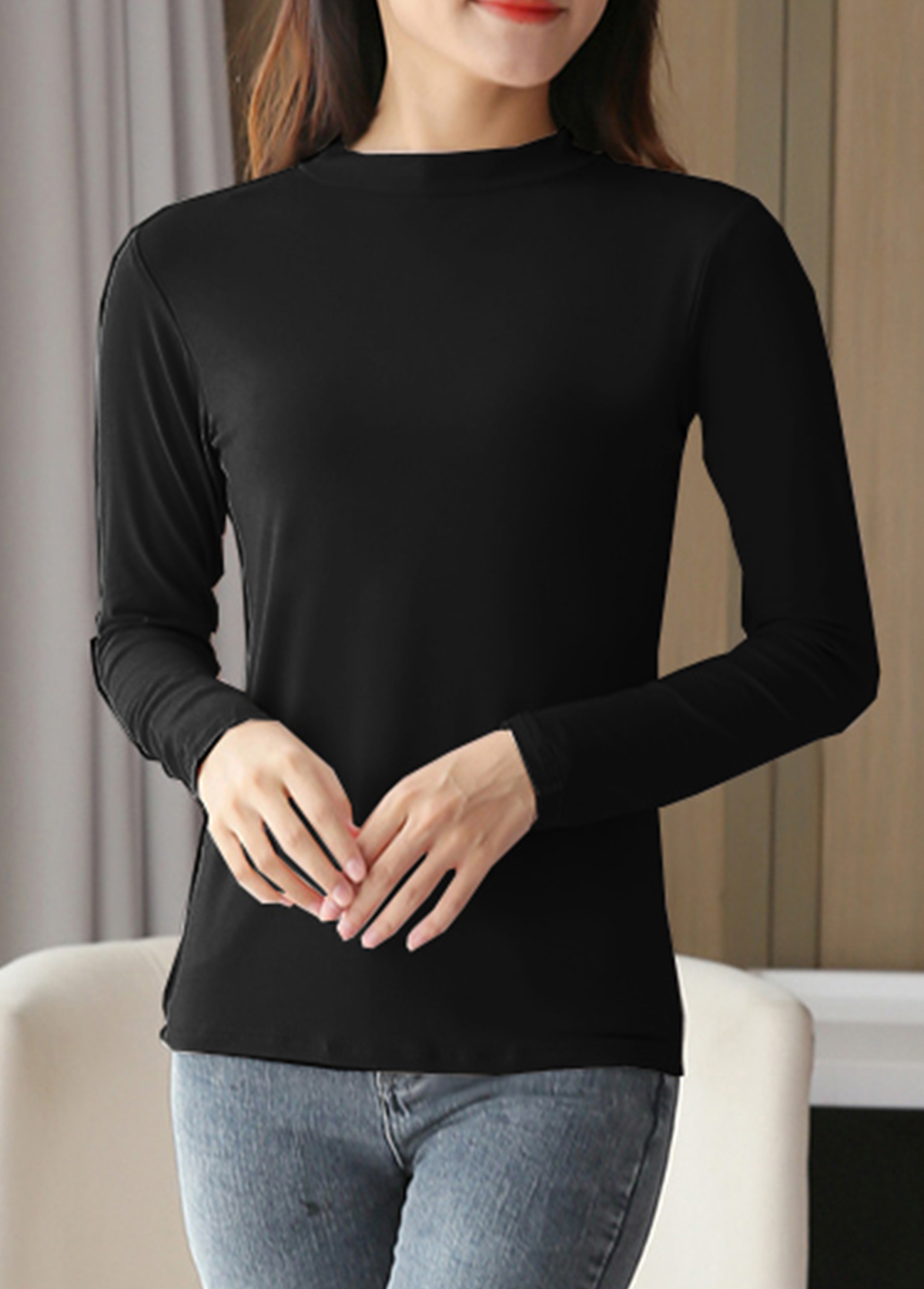 Black tops,Plain Color tops,Black Stand Collar Long Sleeve T Shirt