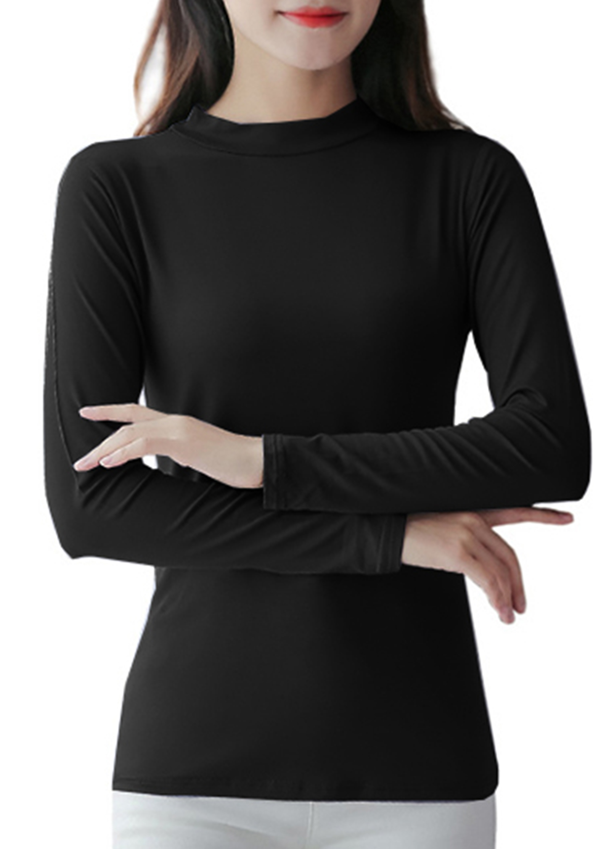 Black tops,Plain Color tops,Black Stand Collar Long Sleeve T Shirt
