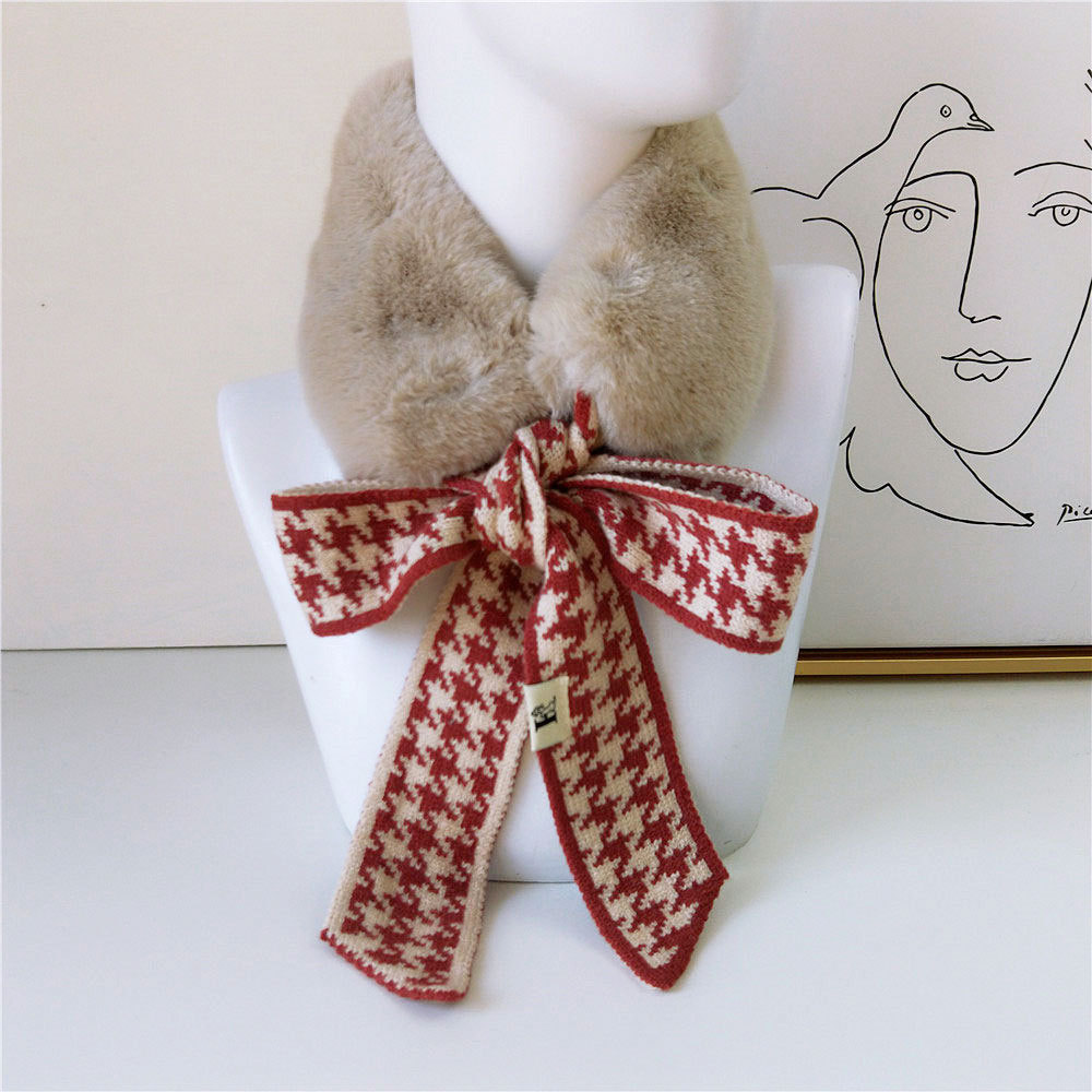 Houndstooth Print Tie Faux Fur Red Scarf
