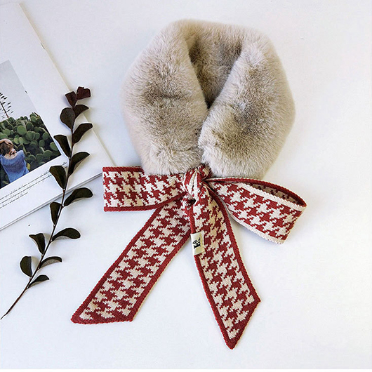 Red accessories,Houndstooth accessories,Plaid accessories,Houndstooth Print Tie Faux Fur Red Scarf