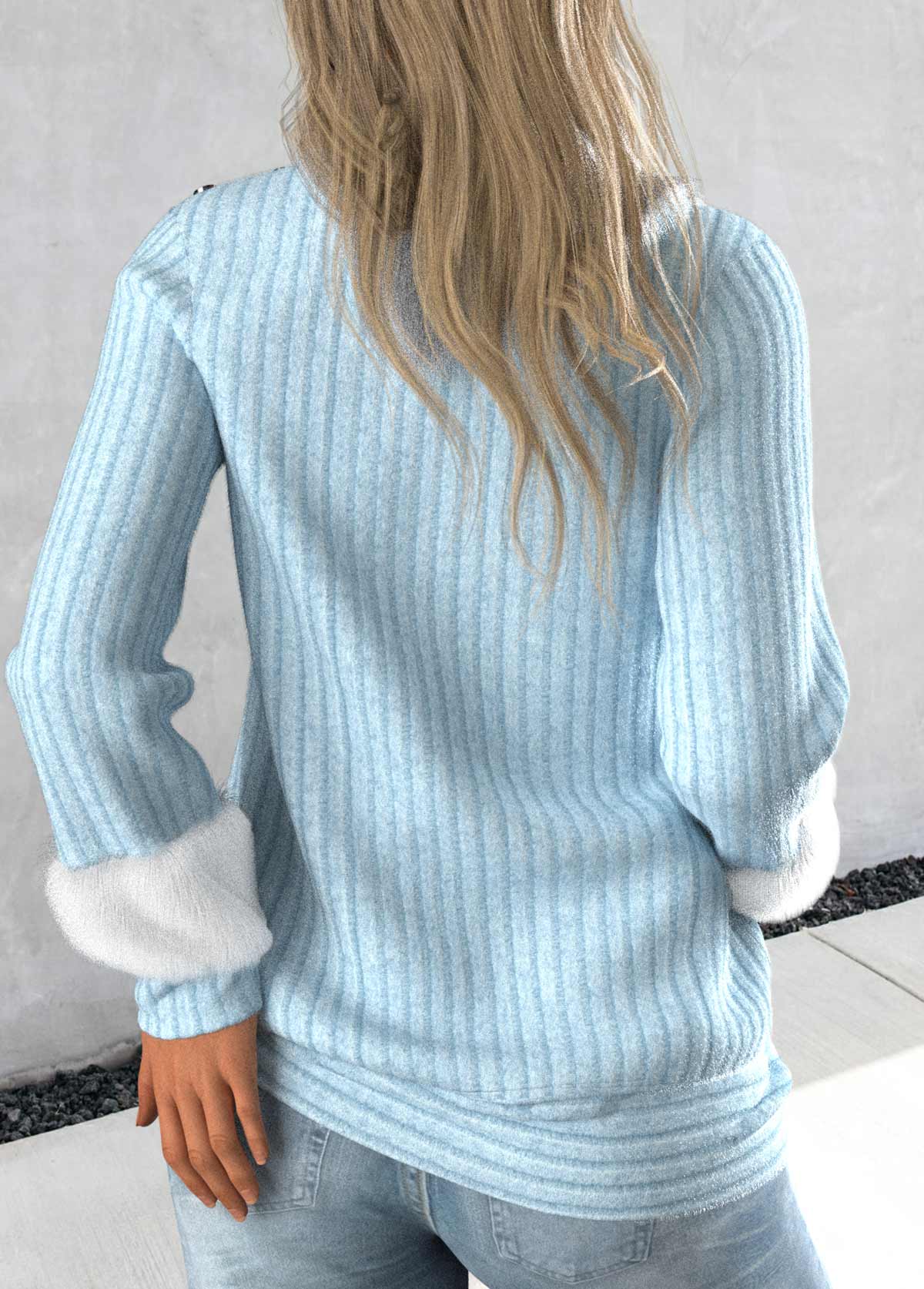 Light Blue tops,Contrast Color tops,ROTITA Long Sleeve Light Blue Asymmetrical Neck Sweatshirt