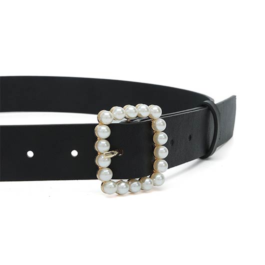 Black accessories,Plain Color accessories,Square Black Pearl Design Leather Belt
