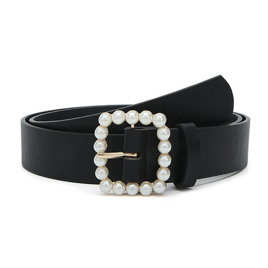 Black accessories,Plain Color accessories,Square Black Pearl Design Leather Belt