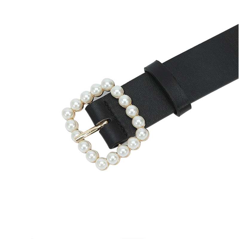 Black accessories,Plain Color accessories,Square Black Pearl Design Leather Belt