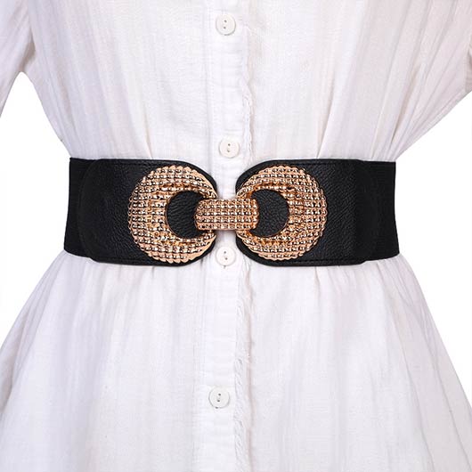 Round Black Elastic Detail Leather Belt