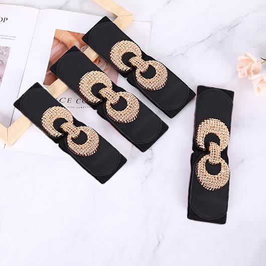 Black accessories,Plain Color accessories,Round Black Elastic Detail Leather Belt