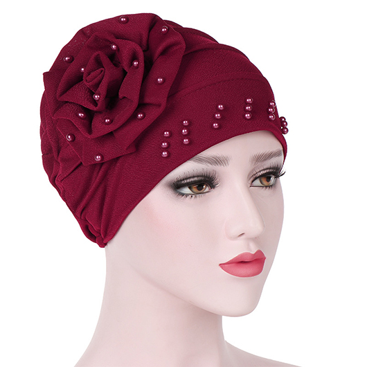 Cotton Floral Design Wine Red Turban Hat