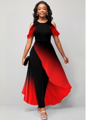 Red jumpsuits & rompers,Ombre jumpsuits & rompers,ROTITA Ombre Asymmetric Hem Red Mesh Stitching Jumpsuit