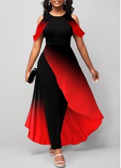 ROTITA Ombre Asymmetric Hem Red Mesh Stitching Jumpsuit