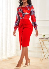 Wine Red dresses,Floral dresses,ROTITA Decorative Button Floral Print Wine Red Dress