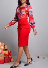 Wine Red dresses,Floral dresses,ROTITA Decorative Button Floral Print Wine Red Dress