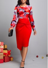 Wine Red dresses,Floral dresses,ROTITA Decorative Button Floral Print Wine Red Dress