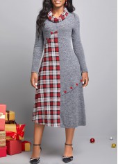 Dark Grey dresses,Plaid dresses,ROTITA Button Tartan Print Dark Grey Dress