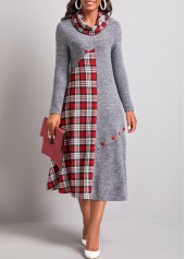 Dark Grey dresses,Plaid dresses,ROTITA Button Tartan Print Dark Grey Dress