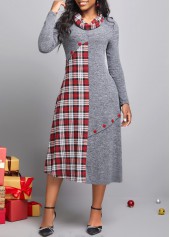 Dark Grey dresses,Plaid dresses,ROTITA Button Tartan Print Dark Grey Dress