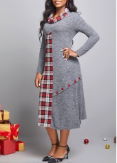 Dark Grey dresses,Plaid dresses,ROTITA Button Tartan Print Dark Grey Dress