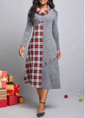 Dark Grey dresses,Plaid dresses,ROTITA Button Tartan Print Dark Grey Dress
