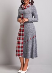 Dark Grey dresses,Plaid dresses,ROTITA Button Tartan Print Dark Grey Dress