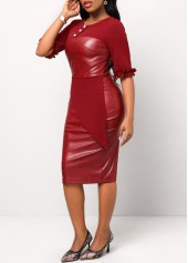 Wine Red dresses,Plain Color dresses,ROTITA Wine Red Frill Half Sleeve Button Dress