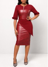 ROTITA Wine Red Frill Half Sleeve Button Dress