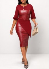 Wine Red dresses,Plain Color dresses,ROTITA Wine Red Frill Half Sleeve Button Dress