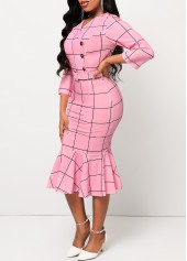 Pink dresses,Plaid dresses,ROTITA Pink Plaid Button Belted Mermaid Dress