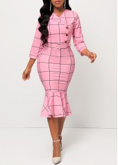 Pink dresses,Plaid dresses,ROTITA Pink Plaid Button Belted Mermaid Dress