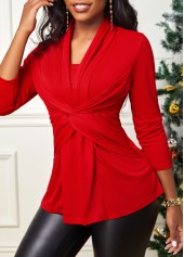 Red tops,Plain Color tops,ROTITA Red 3/4 Sleeve Twist Front T Shirt