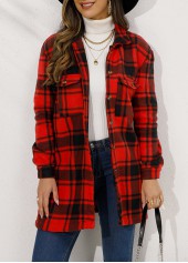 Red outerwear & coats,Plaid outerwear & coats,Button Plaid Red Turn Down Collar Coat