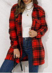 Red outerwear & coats,Plaid outerwear & coats,Button Plaid Red Turn Down Collar Coat