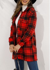 Red outerwear & coats,Plaid outerwear & coats,Button Plaid Red Turn Down Collar Coat