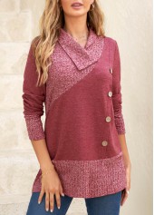 Dark Reddish Purple tops,Plain Color tops,ROTITA Button Dark Reddish Purple V Neck Sweatshirt