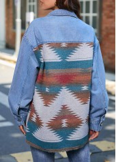 Denim Blue outerwear & coats,Tribal outerwear & coats,Geometric outerwear & coats,Grommet Tribal Print Denim Blue Shirt Collar Jacket