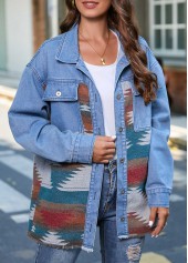 Denim Blue outerwear & coats,Tribal outerwear & coats,Geometric outerwear & coats,Grommet Tribal Print Denim Blue Shirt Collar Jacket
