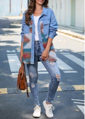 Denim Blue outerwear & coats,Tribal outerwear & coats,Geometric outerwear & coats,Grommet Tribal Print Denim Blue Shirt Collar Jacket