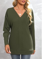 Green tops,Plain Color tops,Green V Neck Long Sleeve Sweatshirt