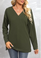 Green tops,Plain Color tops,Green V Neck Long Sleeve Sweatshirt