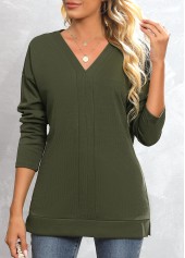 Green tops,Plain Color tops,Green V Neck Long Sleeve Sweatshirt