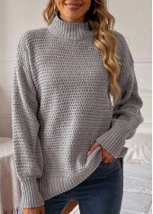 Grey tops,Plain Color tops,Grey Round Neck Long Sleeve Sweater