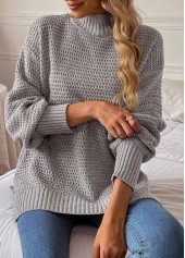 Grey tops,Plain Color tops,Grey Round Neck Long Sleeve Sweater